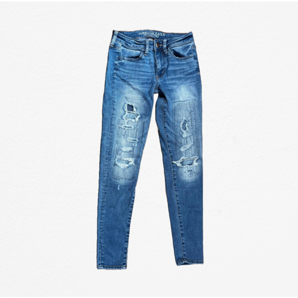 Women's American Eagle Blue Distressed Super Stretch Jeggings Size 2 R